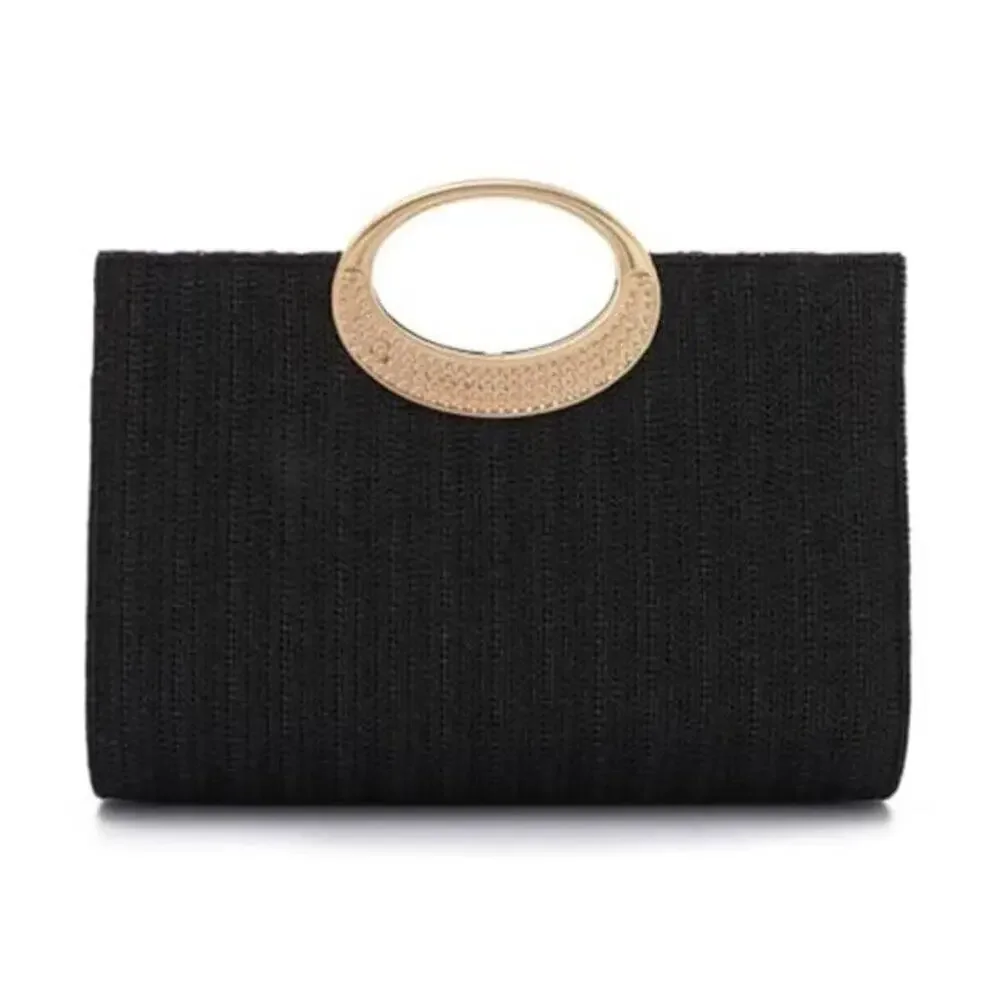 Straw Top Handle Clutch Purse Summer Beach Evening Handbag Women Black